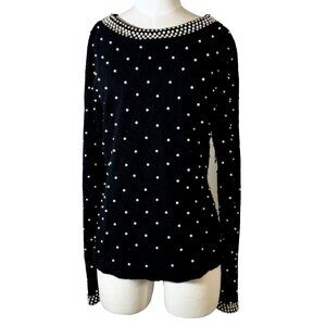 PIERRE CARDIN Vintage Sweater Black Angora Lambswool Pearl 80s Luxury Sz L Large